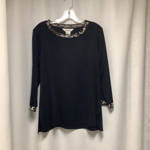 Misook XL black sweater w/animal print at neck & wrists